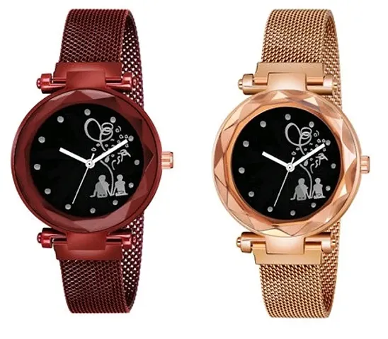 KIARVI GALLERY and Tree Lover Couple Dial Designer with Magnetic Metal Strap Analog Watch for Girl's and Women (Pack of 2)