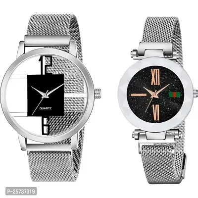 KD Luxury Mesh Magnet Quartz Watches for Couple Mysterious Men Strap  Silver Roman Watch.