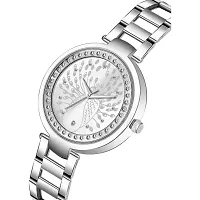 KD New Stylish Peacock Print Silver Dial Diamond Fashion Wrist Analog Women Watch-thumb1