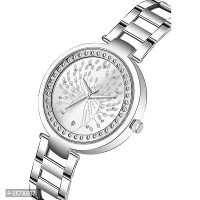 KD New Stylish Peacock Print Silver Dial Diamond Fashion Wrist Analog Women Watch-thumb2