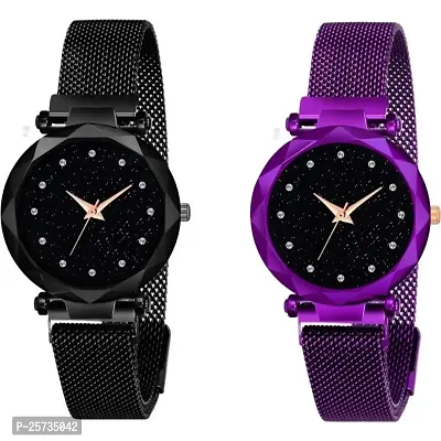 KD Luxury Mesh Magnet Buckle Starry Sky Quartz for Girls Mysterious BlackPurple Analog Pack of Two Women Watch