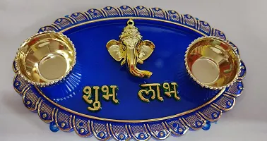 RACE MINDS Decorative Haldi Kumkum Holder,Thali with Centre Ganesha Face Shubh Labh  2 Katoris, Engagement Platter, Floating Diya Plate,Tilak Kankavati for Rakhi (DV02) (Oval (14.5X9X2 cm), 1)-thumb1