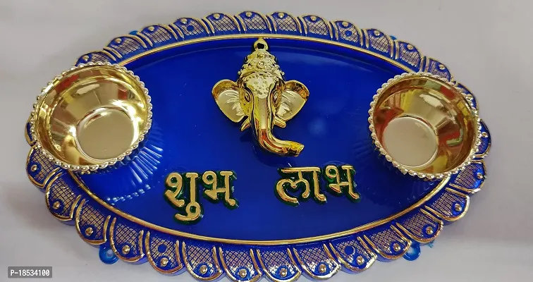 RACE MINDS Decorative Haldi Kumkum Holder,Thali with Centre Ganesha Face Shubh Labh  2 Katoris, Engagement Platter, Floating Diya Plate,Tilak Kankavati for Rakhi (DV02) (Oval (14.5X9X2 cm), 1)-thumb2