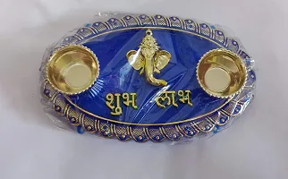 RACE MINDS Decorative Haldi Kumkum Holder,Thali with Centre Ganesha Face Shubh Labh  2 Katoris, Engagement Platter, Floating Diya Plate,Tilak Kankavati for Rakhi (DV02) (Oval (14.5X9X2 cm), 1)-thumb4