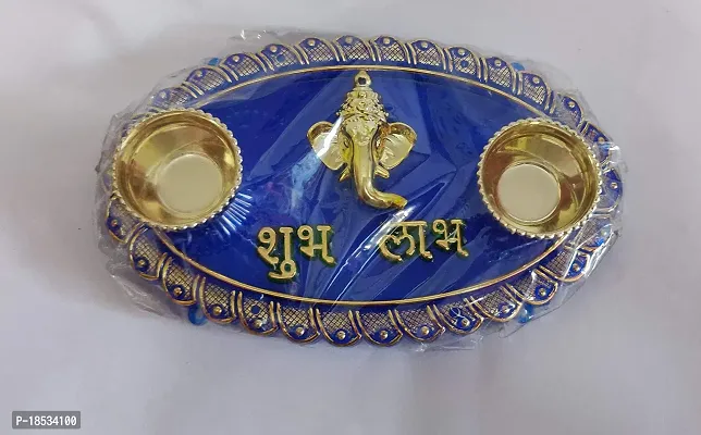 RACE MINDS Decorative Haldi Kumkum Holder,Thali with Centre Ganesha Face Shubh Labh  2 Katoris, Engagement Platter, Floating Diya Plate,Tilak Kankavati for Rakhi (DV02) (Oval (14.5X9X2 cm), 1)-thumb5