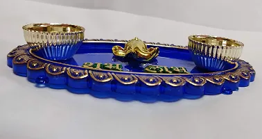 RACE MINDS Decorative Haldi Kumkum Holder,Thali with Centre Ganesha Face Shubh Labh  2 Katoris, Engagement Platter, Floating Diya Plate,Tilak Kankavati for Rakhi (DV02) (Oval (14.5X9X2 cm), 1)-thumb3