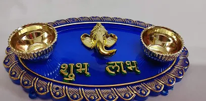 RACE MINDS Decorative Haldi Kumkum Holder,Thali with Centre Ganesha Face Shubh Labh  2 Katoris, Engagement Platter, Floating Diya Plate,Tilak Kankavati for Rakhi (DV02) (Oval (14.5X9X2 cm), 1)-thumb2