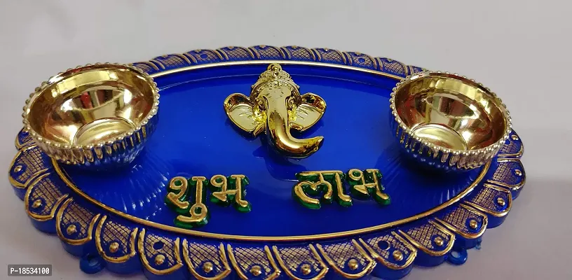 RACE MINDS Decorative Haldi Kumkum Holder,Thali with Centre Ganesha Face Shubh Labh  2 Katoris, Engagement Platter, Floating Diya Plate,Tilak Kankavati for Rakhi (DV02) (Oval (14.5X9X2 cm), 1)-thumb3