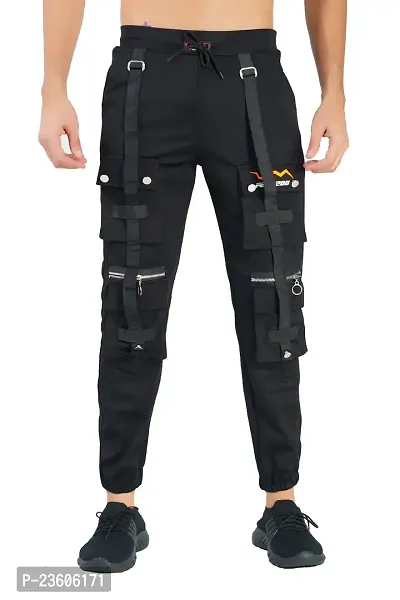 Elegant Black Lycra Blend Self Pattern Cargo Joggers For Men