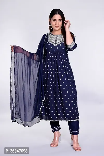 Stylish Navy Blue Rayon Embroidered Kurta With Pant And Dupatta Set For Women