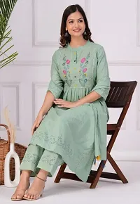 Stylish Green Cotton Blend Embroidered Kurta With Pant And Dupatta Set For Women-thumb2