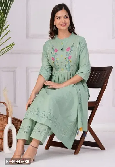 Stylish Green Cotton Blend Embroidered Kurta With Pant And Dupatta Set For Women-thumb3