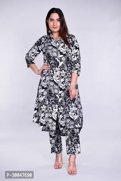 Stylish Black Cotton Printed Kurta With Pant Set  For Women-thumb0