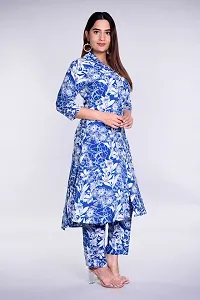 Stylish Blue Cotton Printed Kurta With Pant Set  For Women-thumb1