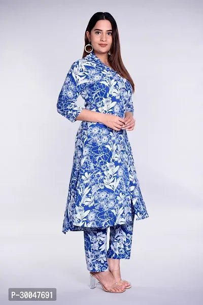 Stylish Blue Cotton Printed Kurta With Pant Set  For Women-thumb2