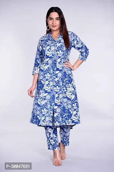 Stylish Blue Cotton Printed Kurta With Pant Set  For Women