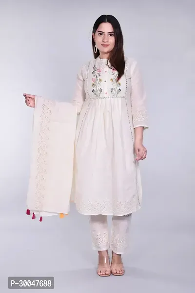 Stylish White Cotton Blend Embroidered Kurta With Pant And Dupatta Set For Women-thumb0