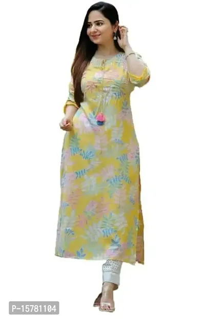 Rozti Women and Girl Viscose Rayon Yellow Kurta Flower Print Sequined Neck Work | Trendy Fashionable Flower Printed Kurta Pant Set Color Yellow