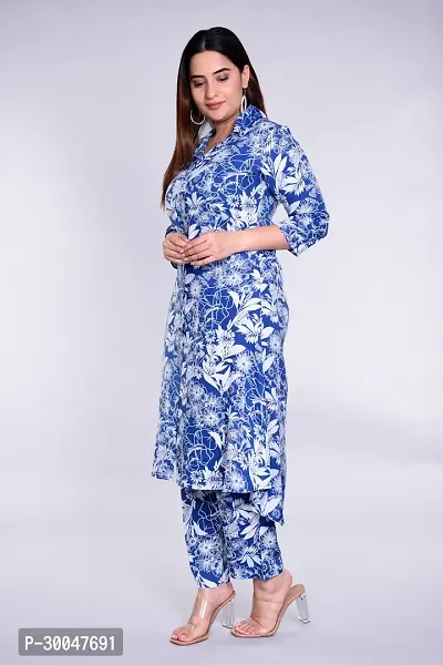 Stylish Blue Cotton Printed Kurta With Pant Set  For Women-thumb3