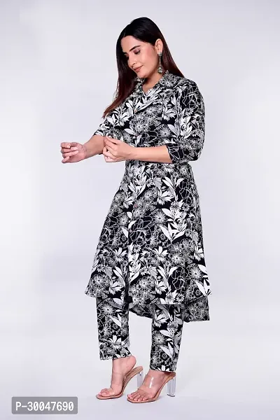 Stylish Black Cotton Printed Kurta With Pant Set  For Women-thumb3