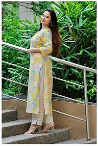 Rozti Women and Girl Viscose Rayon Yellow Kurta Flower Print Sequined Neck Work | Trendy Fashionable Flower Printed Kurta Pant Set Color Yellow-thumb2