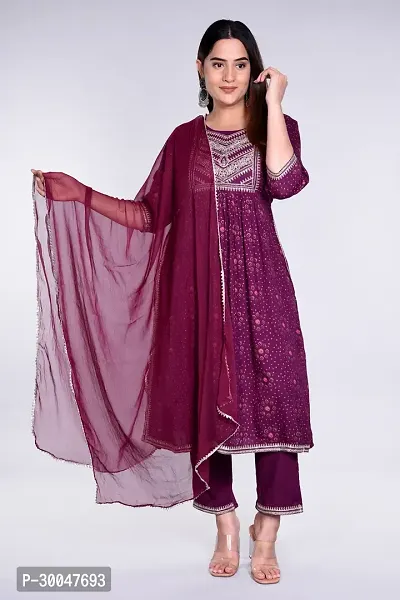 Stylish Purple Rayon Embroidered Kurta With Pant And Dupatta Set For Women