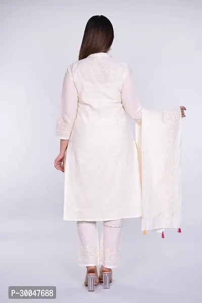 Stylish White Cotton Blend Embroidered Kurta With Pant And Dupatta Set For Women-thumb4