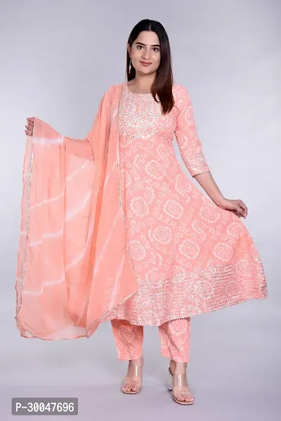 Stylish Peach Rayon Embroidered Kurta With Pant And Dupatta Set For Women