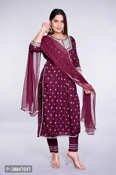 Stylish Maroon Rayon Embroidered Kurta With Pant And Dupatta Set For Women-thumb2