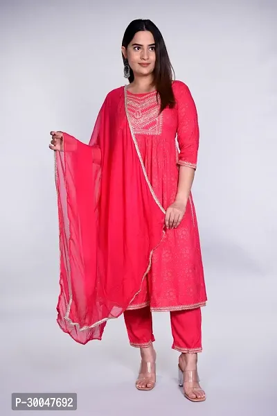 Stylish Pink Rayon Embroidered Kurta With Pant And Dupatta Set For Women