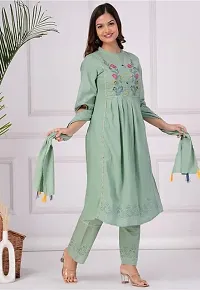 Stylish Green Cotton Blend Embroidered Kurta With Pant And Dupatta Set For Women-thumb1