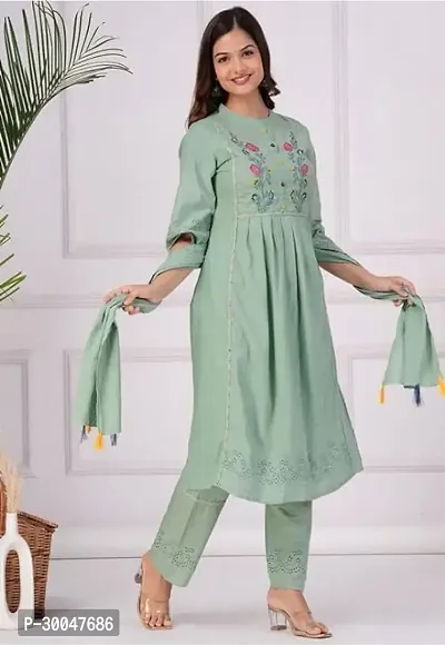 Stylish Green Cotton Blend Embroidered Kurta With Pant And Dupatta Set For Women-thumb2