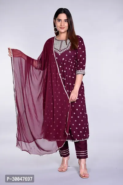 Stylish Maroon Rayon Embroidered Kurta With Pant And Dupatta Set For Women