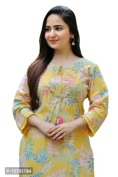 Rozti Women and Girl Viscose Rayon Yellow Kurta Flower Print Sequined Neck Work | Trendy Fashionable Flower Printed Kurta Pant Set Color Yellow-thumb5