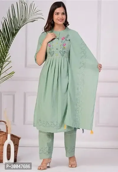 Stylish Green Cotton Blend Embroidered Kurta With Pant And Dupatta Set For Women-thumb0