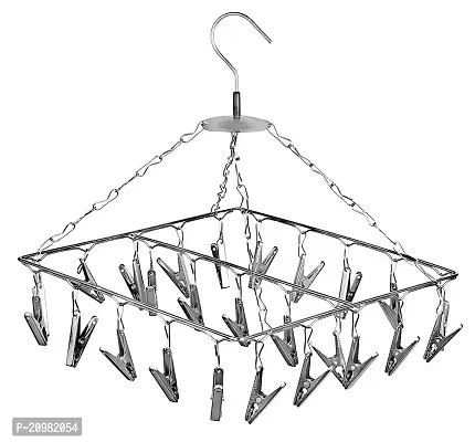 Blendmix 20 Drying Clips Stainless Steel Rust Free Square Cloth Hanger Rack|Cloth Drying Stand|Hanger for Baby Cloth Dryer|Balcony Roof Mount Hanger with Clips|Clothes Pegs-thumb0