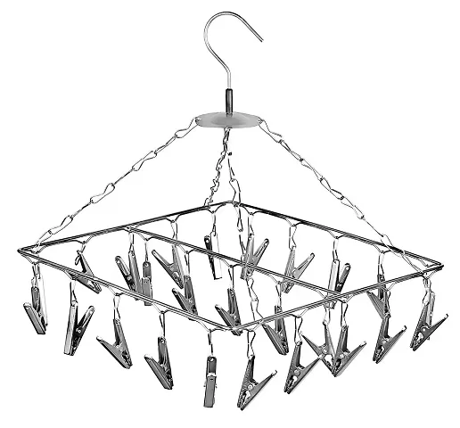 Blendmix 20 Drying Clips Stainless Steel Rust Free Square Cloth Hanger Rack|Cloth Drying Stand|Hanger for Baby Cloth Dryer|Balcony Roof Mount Hanger with Clips|Clothes Pegs