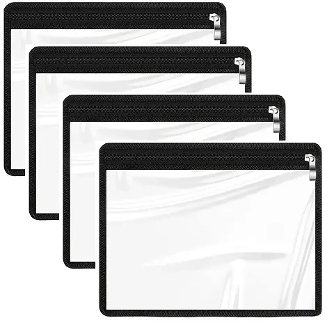 Blendmix Pack of 4 Transparent Pouches for Travel | Clear Pouch for Makeup | Small Pouches with Zip for Storage | Plastic Pouch with Zipper, Portable Travel Accessories Pouch with Black Border