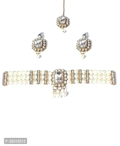 VAPPS White Gold-Plated Studded Pearls Jewellery Set-thumb0