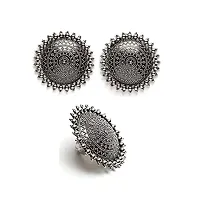 VAPPS Oxidised Silver-Plated Studs Earring, Ring and Silver-Plated Ghungroo Handcrafted Cuff Bracelet Antique Jewellery Set (VA-JS-ST-19-C-thumb1