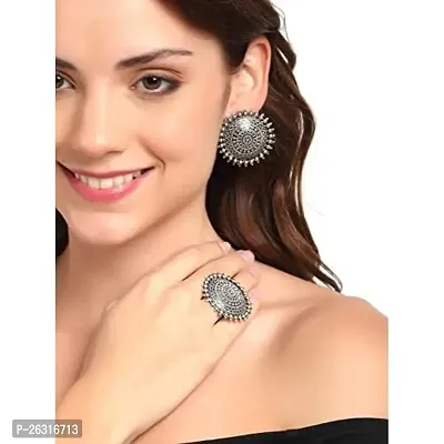 VAPPS Oxidised Silver-Plated Studs Earring, Ring and Silver-Plated Ghungroo Handcrafted Cuff Bracelet Antique Jewellery Set (VA-JS-ST-19-C-thumb3