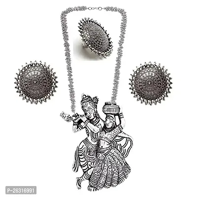 VAPPS Oxidised Silver-Plated Radha Krishana Necklace, Studs Earrings and Ring Antique Traditional Jewellery Set for women and girls (VA-JS-ST-20-C)