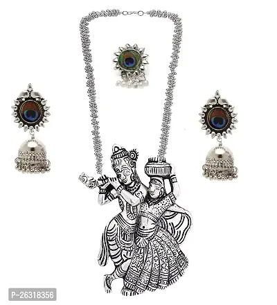 VAPPS Oxidised Silver-Plated Radha Krishana Necklace, Drop Earrings, Ring Antique Temple Jewellery Set for Women and Girls (VA-JS-ST-22-A)-thumb0