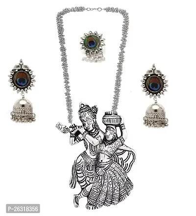 VAPPS Oxidised Silver-Plated Radha Krishana Necklace, Drop Earrings, Ring Antique Temple Jewellery Set for Women and Girls (VA-JS-ST-22-A)