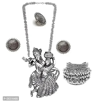 VAPPS Oxidised Silver-Plated Radha Krishana Necklace, Studs Earrings, Ring and Ghungroo Handcrafted Cuff Bracelet Antique Traditional Jewellery Set for women and girls(VA-JS-ST-20-G)