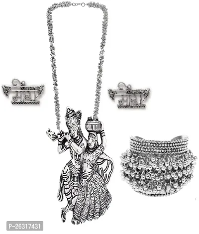 VAPPS Oxidised Silver-Plated Radha Krishana Necklace, Meera Studs Earrings and Ghungroo Handcrafted Cuff Bracelet Antique Traditional Jewellery Set (VA-JS-ST-20-L)