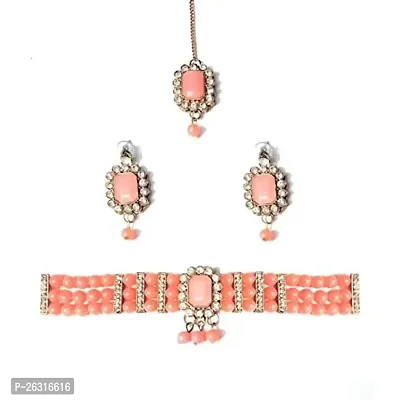 VAPPS Peach Gold-Plated Studded Pearls Jewellery Set