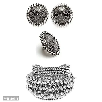 VAPPS Oxidised Silver-Plated Studs Earring, Ring and Silver-Plated Ghungroo Handcrafted Cuff Bracelet Antique Jewellery Set (VA-JS-ST-19-C-thumb0