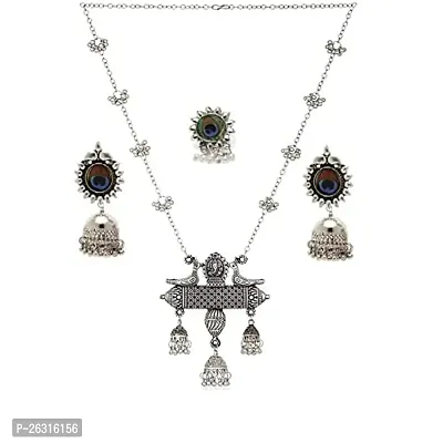VAPPS Oxidised Silver Chain Pendant Necklace, Drop Earrings, Ring Antique Temple Jewellery Set for Women and Girls (VA-JS-ST-15-A)