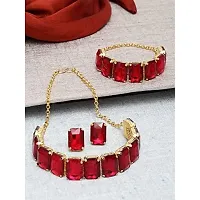 VAPPS Gold-Plated Red Crystal Studded Choker , Bracelet, Ring Jewellery Set for Women and Girls-thumb1